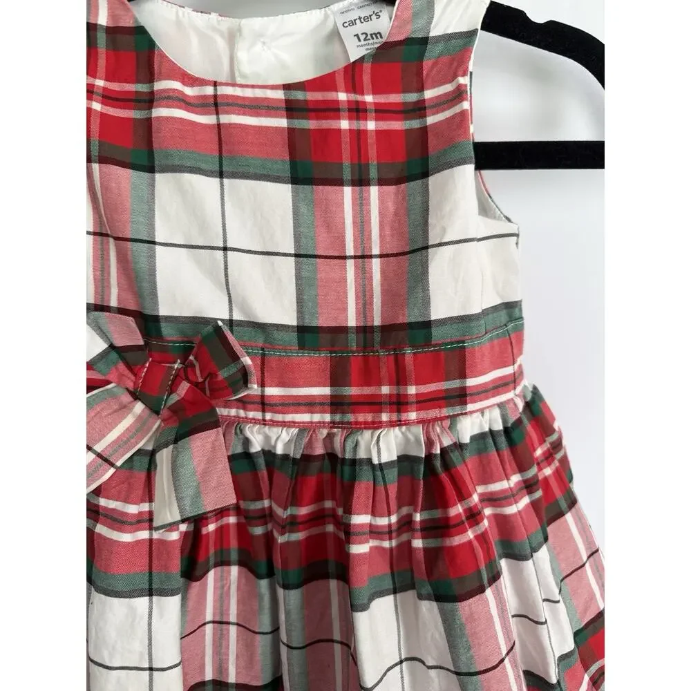 Carter’s Girls 12M Sleeveless Christmas Plaid Dress Bow Crinoline Holiday